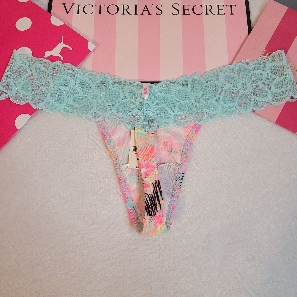 Y2K VS PINK Lace Trim Cotton Extra Low Rise Thong Panty Size Lg - Picture 3 of 5
